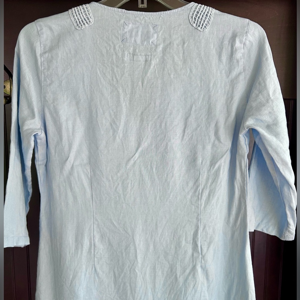 Malvin Hamburg Linen Crochet Blue 3/4 Sleeve Shift Dress Coastal Breathable Sz L - Picture 7 of 9